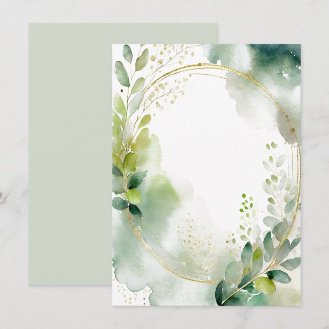 Convite Papelaria de casamento em aquarela verde e dourado (Frente/Verso)