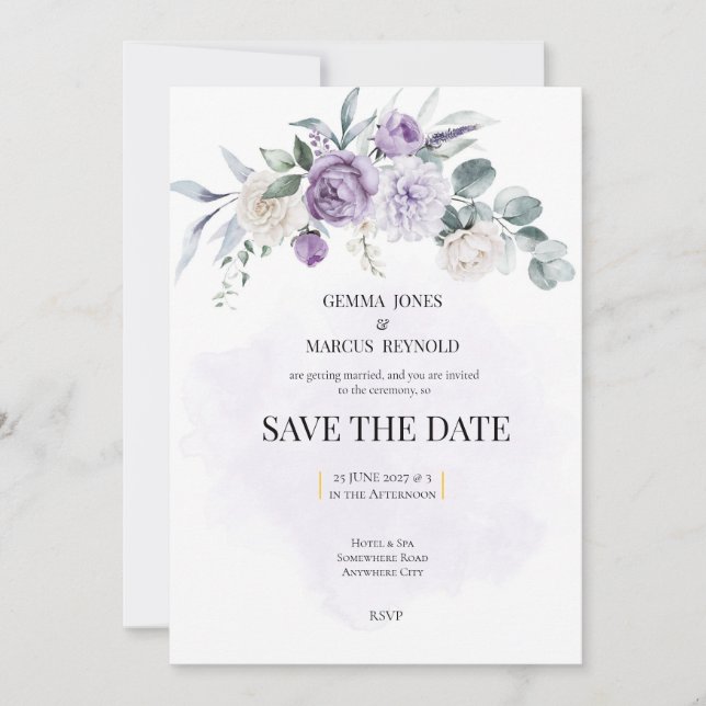 Convite Papelaria de casamento Lilac Infusion Save the Dat (Frente)
