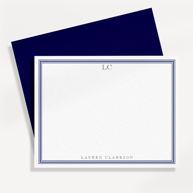 Convite Papelaria de Nota com Monograma de Borda Azul Mari (Criador carregado)