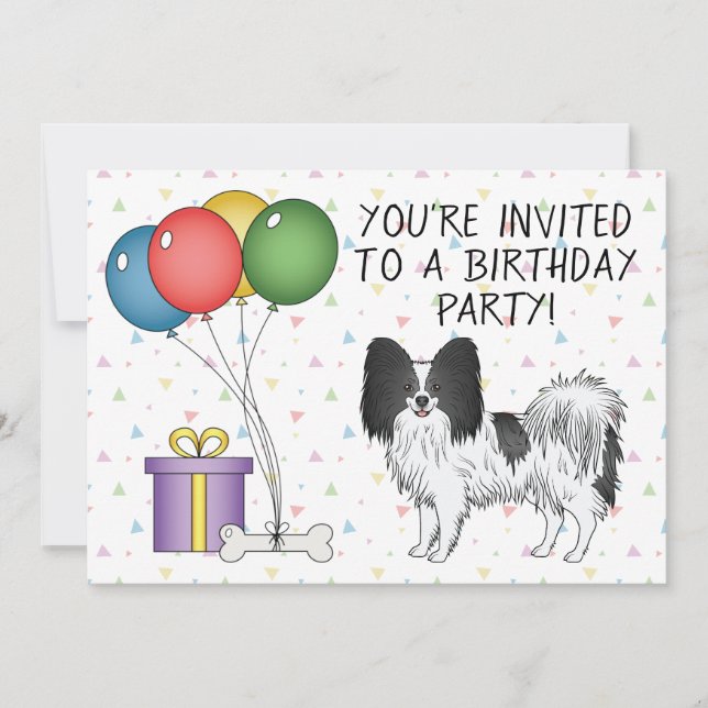 Convite Papillon Preto e Branco Cachorro Fofo - Aniversári (Frente)