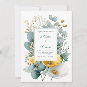 Convite Papoula Amarela Elegante Eucalipto Branco Aquarela