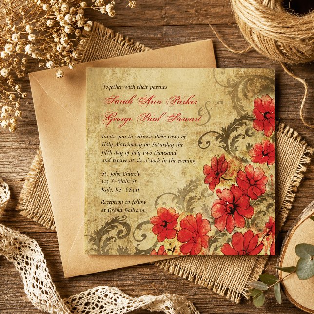 Convite Papoula Vermelha com Floreios Casamento Vintage (Red Poppy with Flourishes Vintage Wedding Invitation)