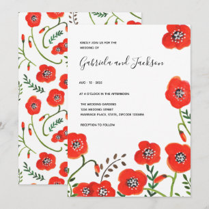 Convite Papoulas vermelhas florais casamento moderno