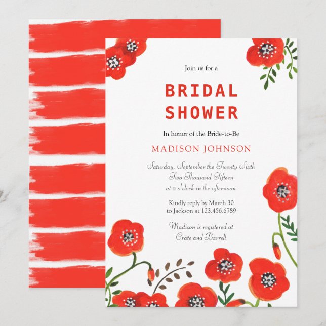 Convite papoulas vermelhas florais noivado moderno casamen (Frente/Verso)