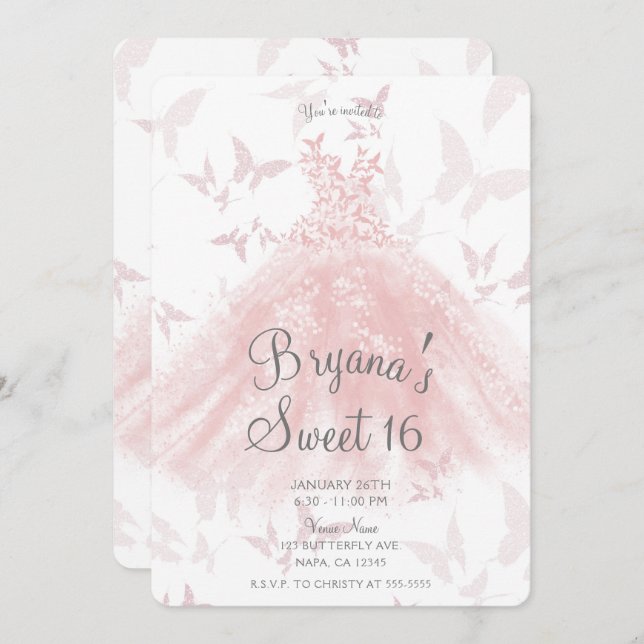 Convite Paquy Pink Butterfly Dance Dance Dress Doce 16 Fes (Frente/Verso)