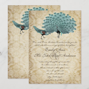 Convite Par Perfeito Aqua Damask Peacock Elegância Envelhe