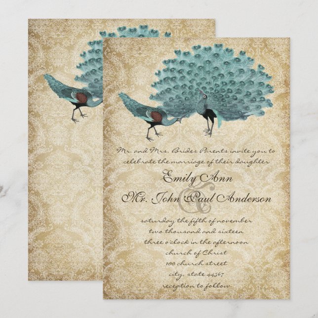 Convite Par Perfeito Aqua Damask Peacock Elegância Envelhe (Frente/Verso)
