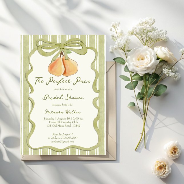 Convite Par perfeito em listras de verde sálvia para chá d (Perfect pair sage green stripes pear bridal shower invitation cards template retro preppy invites)