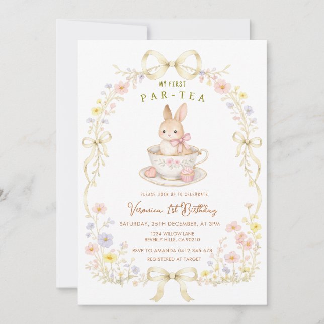 Convite Par-Tea Bunny 1º aniversário flor silvestre  (Frente)