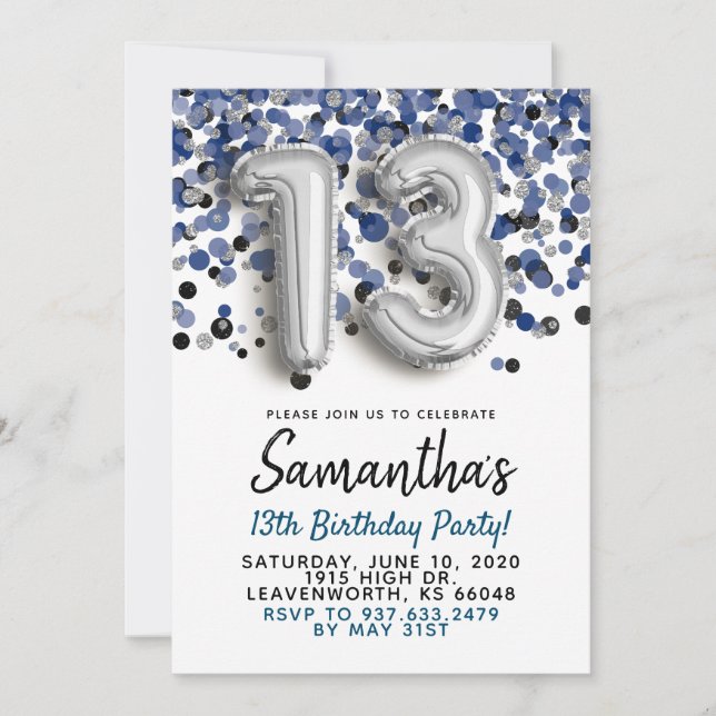 Convite para 13 Birthday Silver Confetti (Frente)