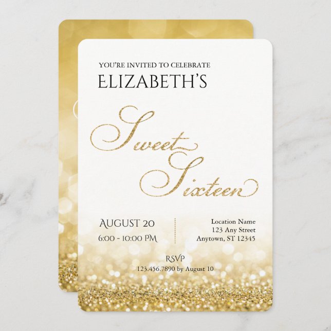 Convite para 16 de aniversário, branco e Dourado (Frente/Verso)