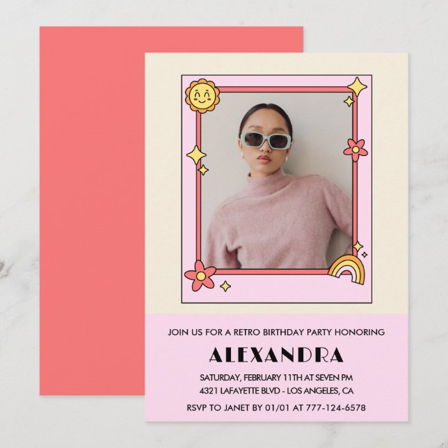 Convite para 23 anos Retro Groovy Pink Floral (Frente/Verso)