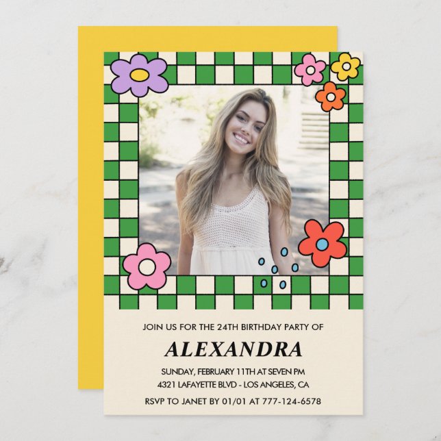 Convite para 24 anos Retro Groovy Floral (Frente/Verso)