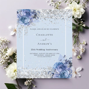 Convite para 25 de prata de florais azuis
