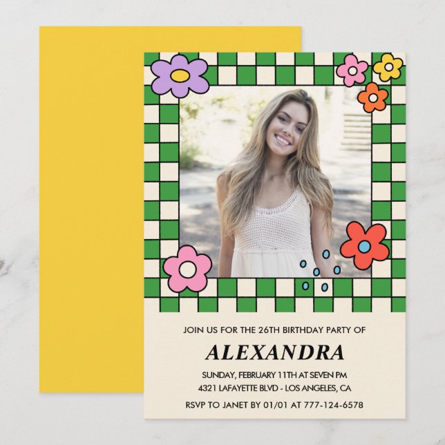 Convite para 26 anos Retro Groovy Floral (Frente/Verso)