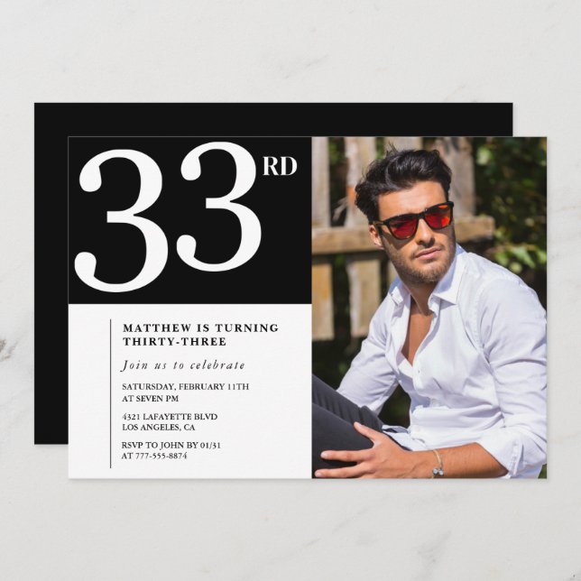 Convite para 33 anos Foto de Black White Men (Frente/Verso)