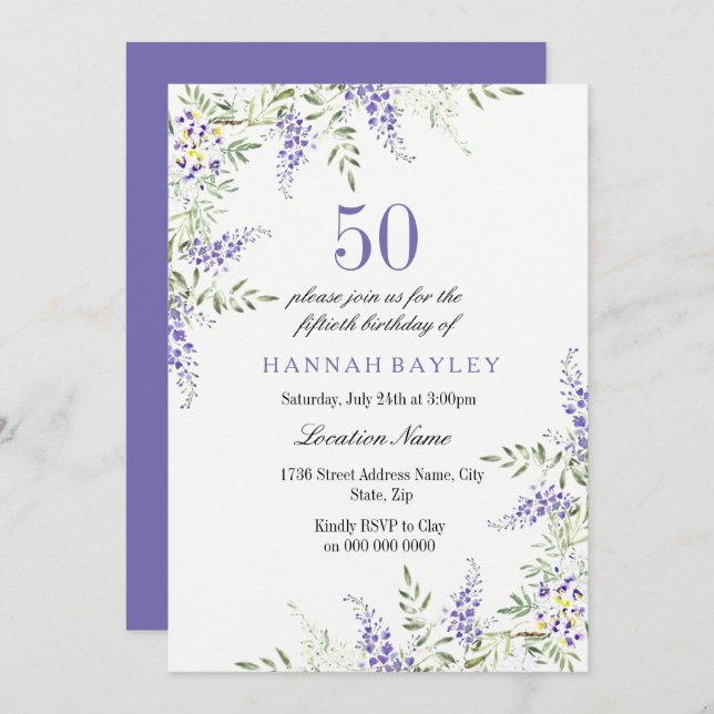 Convite para 50º aniversário da Elegante Lavanda R (Frente/Verso)