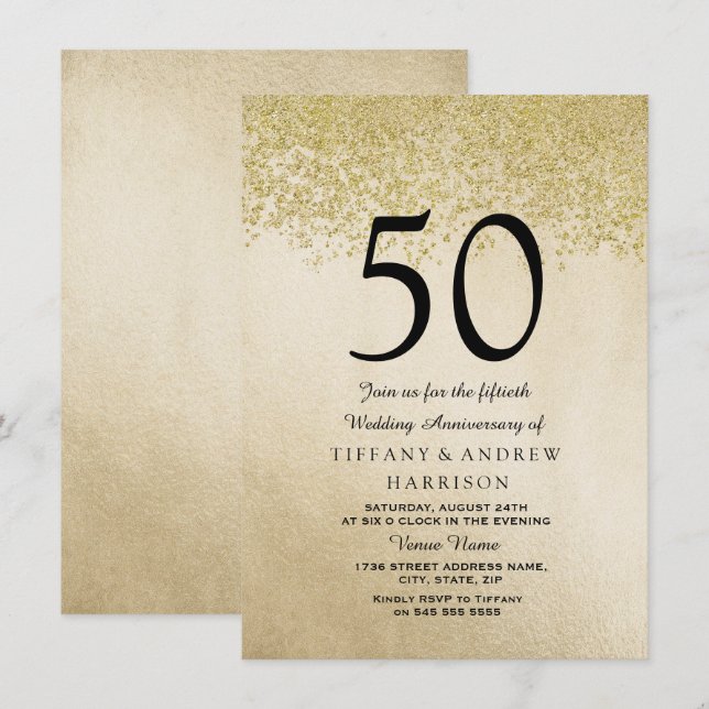 Convite para 50 anos de casamento Dourado Glitter (Frente/Verso)