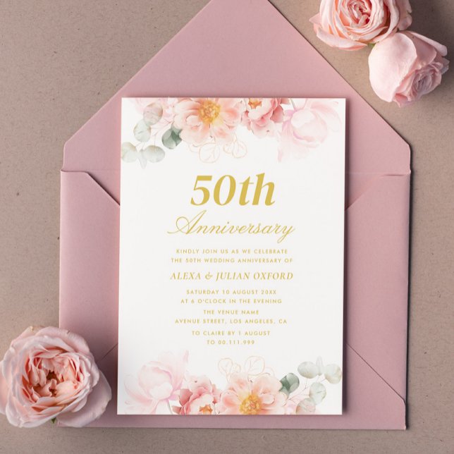 convite para 50 anos de casamento floral rosa (Criador carregado)