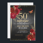 Convite para 50 anos do Rosa vermelha elegante<br><div class="desc">Elegante Faux gold confetti destaca na borda superior e inferior. Rosas vermelhas profundas brilhantes com sotaques florais dourados. Todo o texto é ajustável e fácil de mudar para as necessidades do seu próprio partido. design de modelo de 50 anos elegante excelente.</div>
