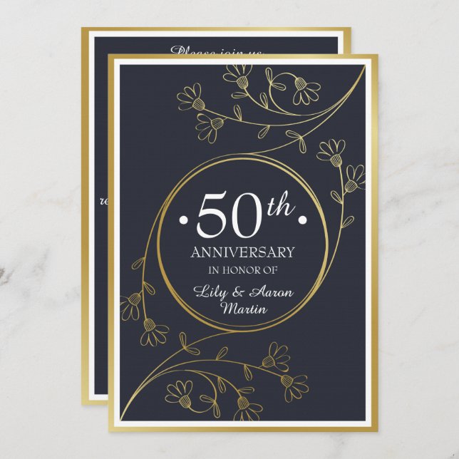 Convite para 50 anos Dourado Floral (Frente/Verso)