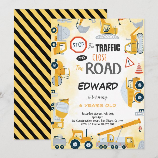 Convite para 5 Birthday Construction Boy (Frente/Verso)