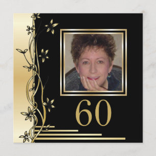 Convite para 60 anos para florais a preto e ouro