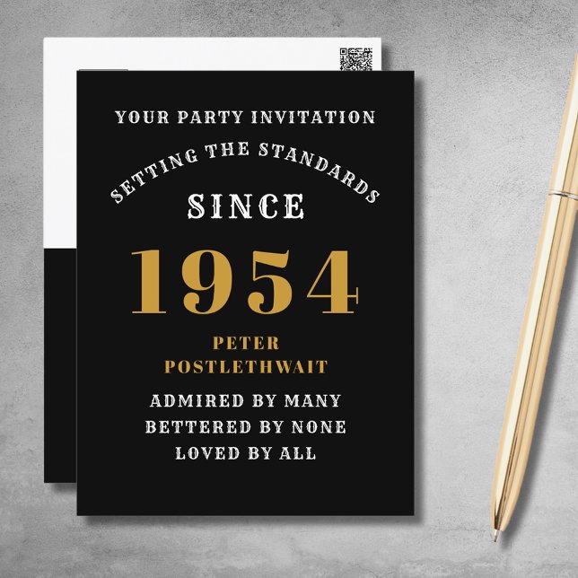 Convite para 70º Aniversário 1954 Ouro Preto (Elegant Black and Gold 70th Birthday Invitation - Create Your Own Personalized Design.)