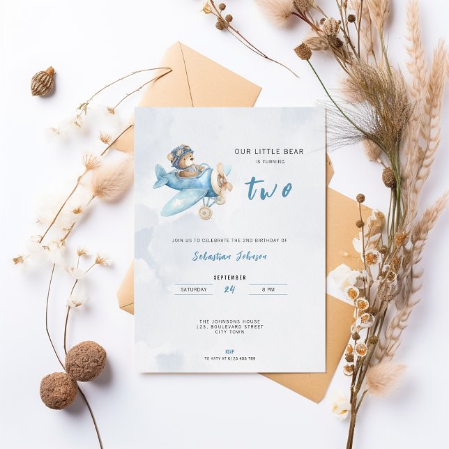 Convite para a 2ª Festa de Aniversário do Avião do (Cute watercolor pilot bear in airplane 2nd birthday invitation)