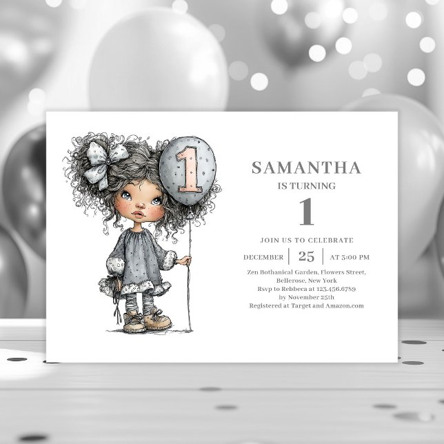 Convite para a festa de 1º aniversário da Whimsy G (Whimsy Girl 1st Birthday Black Gold Party invitation)