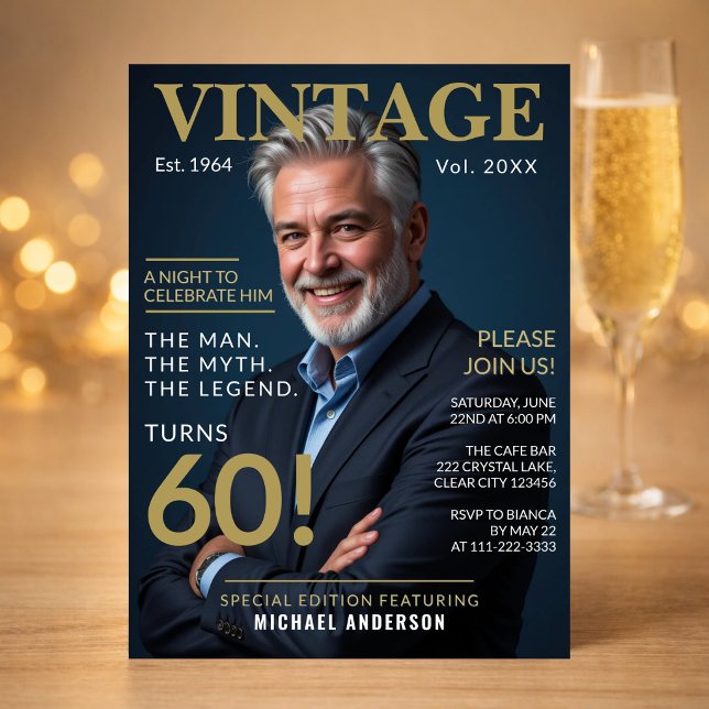 Convite para a Festa de 60 Anos do Papai (Elegant navy gold 60th birthday invite styled for a refined and memorable evening celebration)