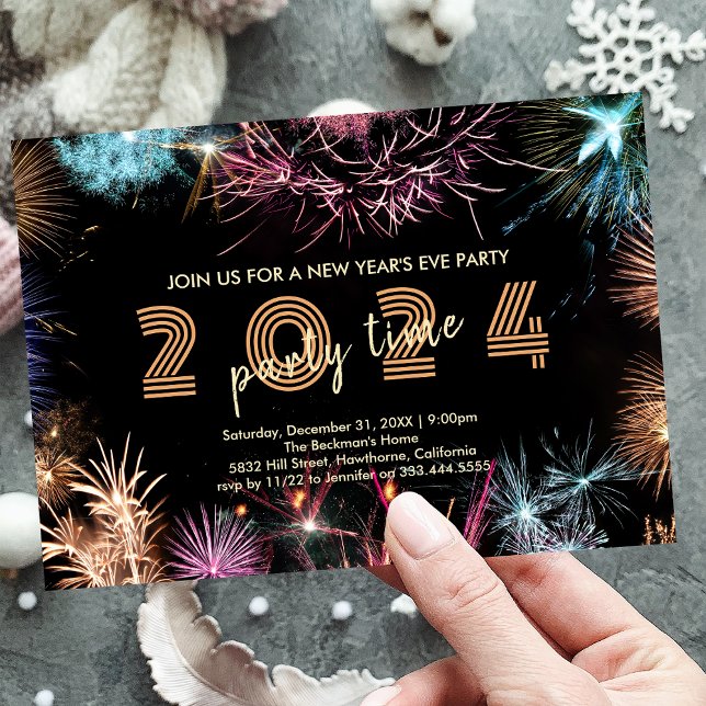 Convite para a Festa de Ano Novo com Fogos de Arti (2024 Gold Fireworks New Year's Eve Party Invitation)