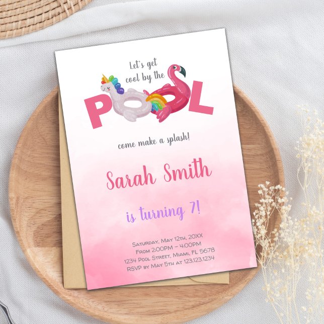 Convite para a Festa de Natação de Verão Mágico Ed (Pink Unicorn Flamingo Pool Birthday Invitations)