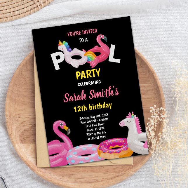 Convite para a Festa de Natação Tropical de Verão  (Flamingo Unicorn Pool Birthday Invitations)