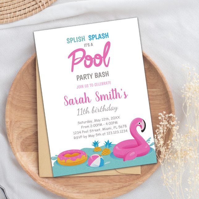 Convite para a Festa de Natação Tropical de Verão  (Pink Flamingo Pool Birthday Invitations)