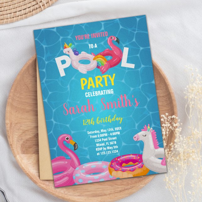 Convite para a Festa de Natação Tropical de Verão  (Pink Flamingo Pool Birthday Invitations)