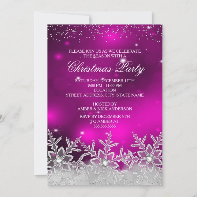Convite para a Festa de Natal Rosa Crystal Snowfla (Frente)