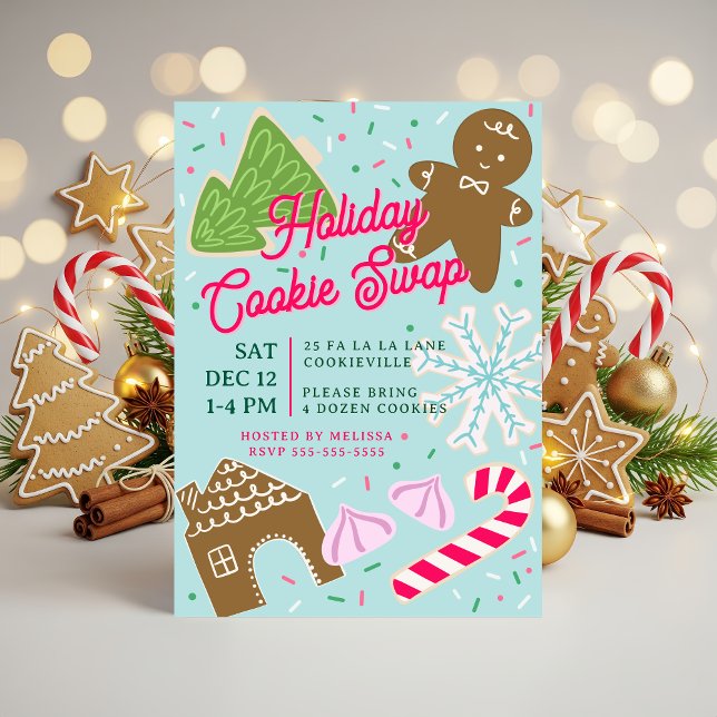 Convite para a Festa de Troca de Biscoitos de Nata (Holiday Cookie Swap Party invitation, hand-drawn by Clearlytangled Studio.)