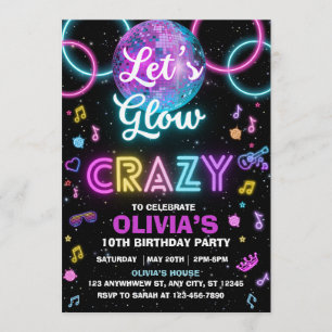 Convite para a festa disco Let's Glow Crazy - bola