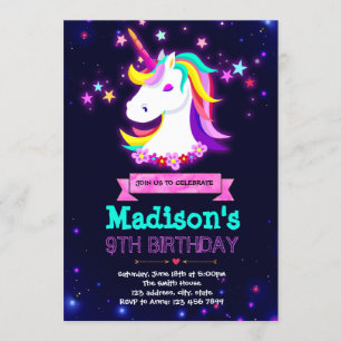 Convite para a festa do tema do unicórnio brilhant