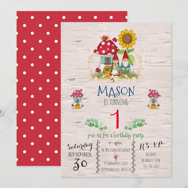 Convite para a festa do tema Gnome Woodland (Frente/Verso)