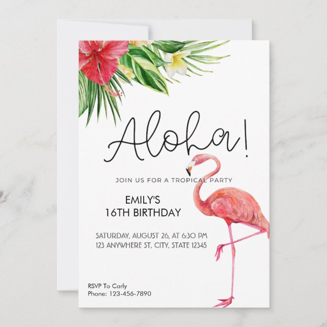 Convite para a Festa Tropical do Flamingo Aloha!  (Frente)
