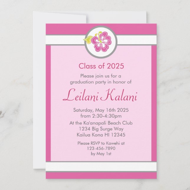 Convite para a graduação de hibisco de tema rosa h (Frente)