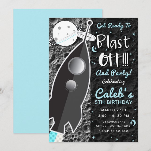Convite PARA A LUA Foguete Espacial Festa de Aniversário (Frente/Verso)