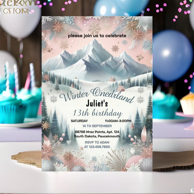 Convite para a menina azul neve Winter Onederland 13 anive (Criador carregado)