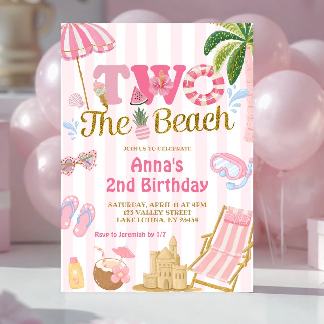 Convite para a praia Pink Stripe Fun Two (Criador carregado)