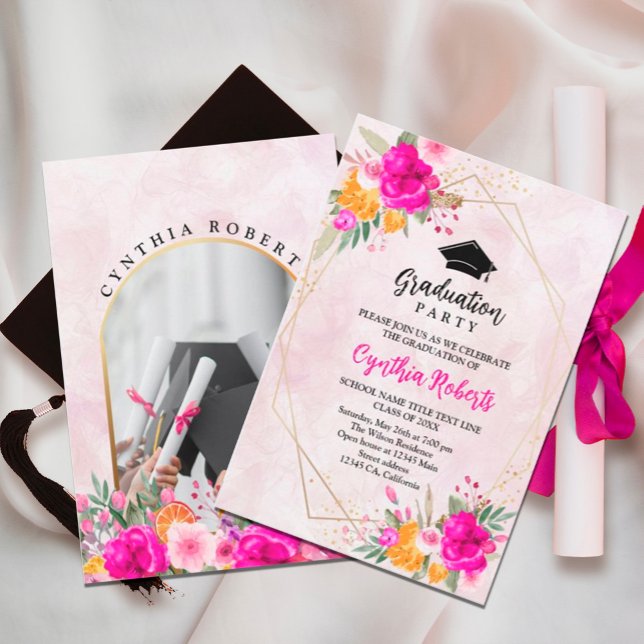 Convite para a primavera de flores selvagens (watercolor flowers in shades of pink and yellow in rustic garden greenery. #photo #graduationparty)