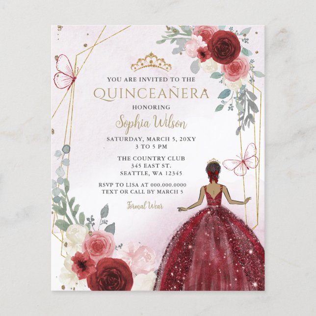 Convite para a Princesa Quinceañera da Burgundia d (Frente)