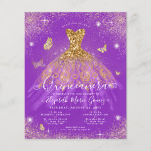 Convite para a Quinceanera Glitter Dourada Roxo do