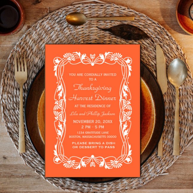 Convite para Ação de Graças Elegante Laranja (Orange Elegant Border Thanksgiving Invite)
